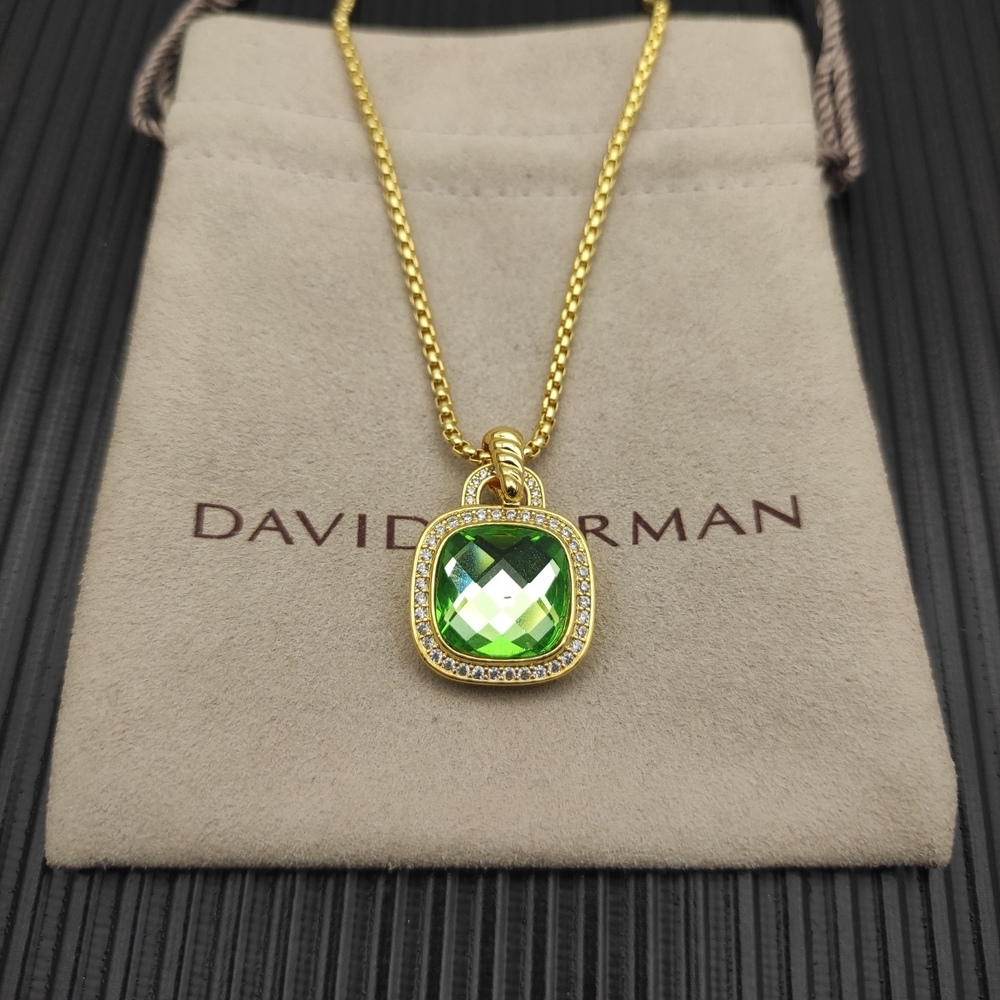 David Yurman Gold and Green Diamond Center Stone Square Diamond Necklace